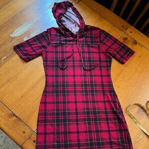 SOLD  - No Comment Red Plaid Stretch dress with hood